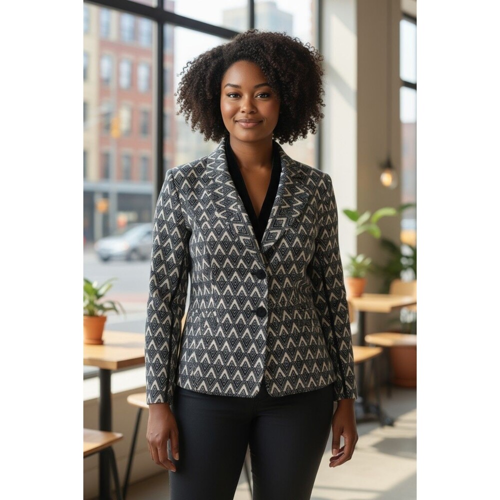 Elliott Lauren  Black & Off White Blazer Jacket Sngle Breasted Triangle  Size 12